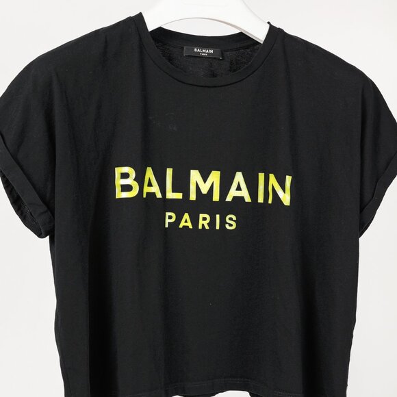 Balmain Black Cotton Cropped Lime-Logo-Print T-Shirt - Picture 3 of 9